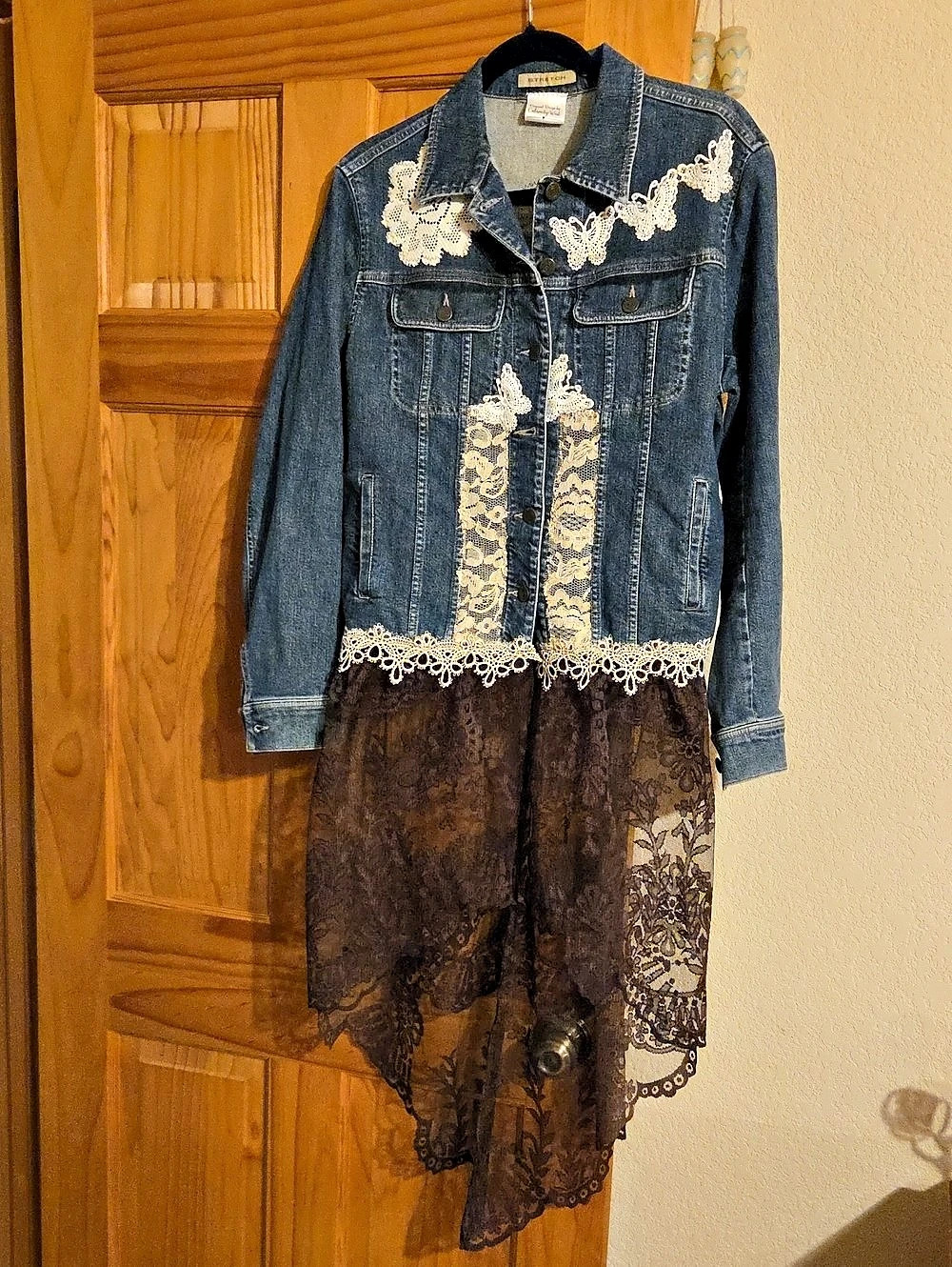 Upcycled Denim Lace-Trim Duster Jacket in Blue & Brown Size L